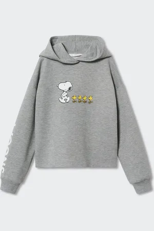 MANGO Girls Grey Melange & White Peanuts Printed Sustainable Hooded Sweatshirt