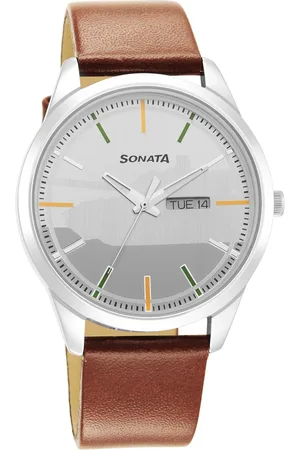 Sonata Men Silver-Toned Brass Printed Dial & Brown Leather Straps Analogue Watch 7146SL06