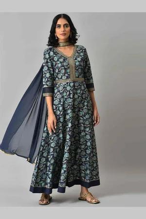 AURELIA Blue Zari Embroidered Floral Printed Choker Maxi Dress