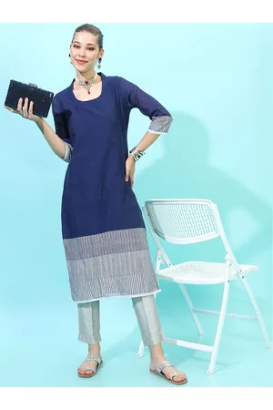 Vishudh Women Navy Blue & Grey Colourblocked Shawl Neck Kurta