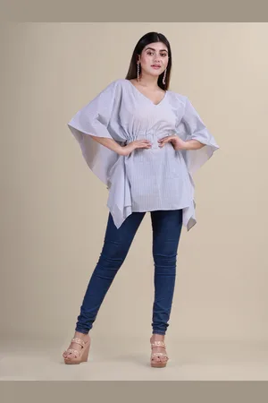 Laa Calcutta Striped V-Neck Extended Sleeves Georgette Kaftan Kurti