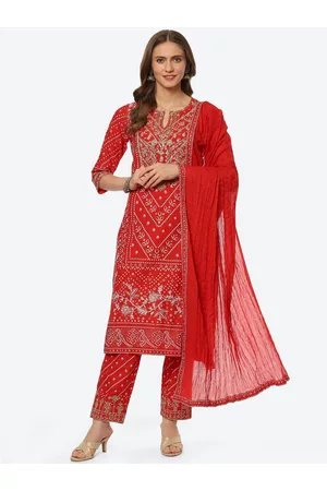 Biba Women Red Bandhani Printed Thread Work Kurta with Trouser & With Dupatta Set