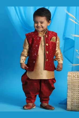 Vastramay Boys Rose Gold & Maroon Kurta with Dhoti Pants & Nehru jacket