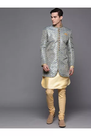 MANU Men Blue & Golden Woven Design Silk Blend Sherwani Set