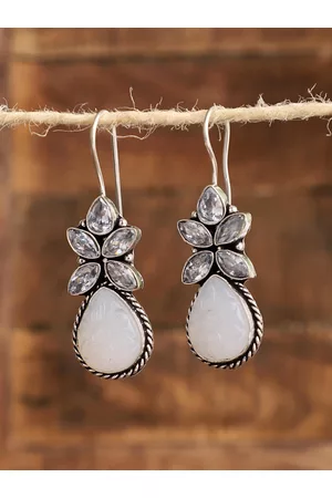 Veni Women Silver-Toned White Stone Oval Drop Earrings