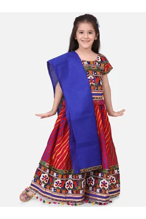 BownBee Girls Pink & Blue Embroidered Ready to Wear Lehenga & Blouse with Dupatta