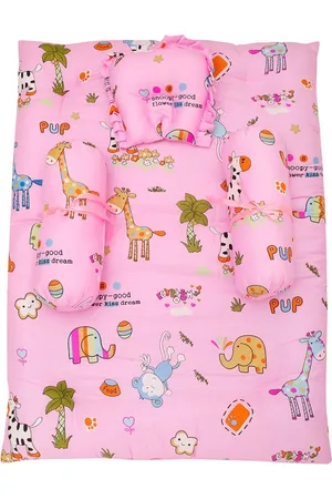Baby Moo Infants Pink Printed Mattress Set With Neck Pillow & Bolsters