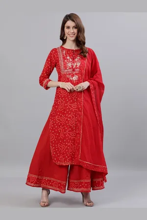 Ishin Women Red Yoke Design Kurta with Palazzos & Dupatta