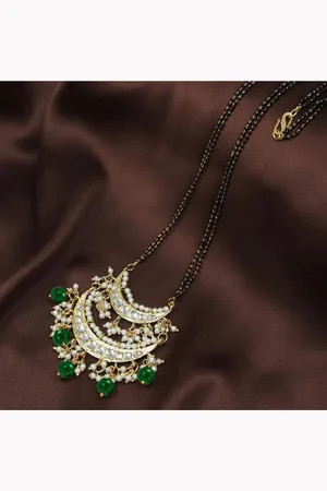 I Jewels Gold-Plated & Black Beaded & Green pearls Studded Mangalsutra