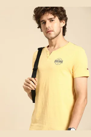 Being Human Men Yellow Brand Logo Printed Henley Neck Slim Fit T-shirt