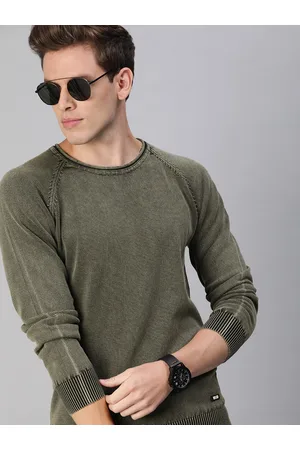 WROGN Men Olive Green Solid Pullover Sweater