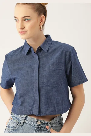 Kook N Keech Women Navy Blue Pure Cotton Chambray Boxy Casual Shirt