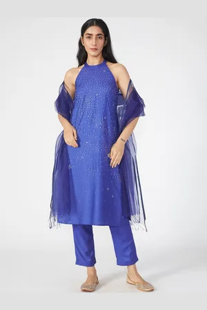 OKHAI Women Blue Ethnic Motifs Embroidered Regular Kurta with Trousers & With Dupatta