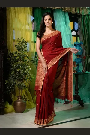 Charukriti Red & Gold-Toned Woven Design Pure Cotton Saree