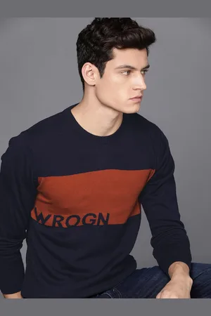 WROGN Men Blue & Orange Colourblocked Slim-Fit Pullover