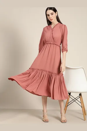 Invictus Women Pink A-Line Midi Tiered Dress