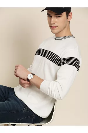 Invictus Men White & Black Striped Acrylic Pullover