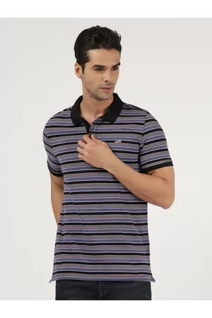 Lee Men Black & White Striped Polo Collar Slim Fit T-shirt