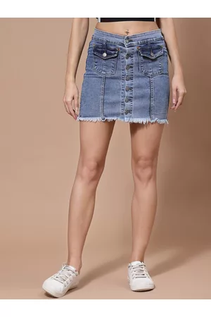 KASSUALLY Women Blue Solid Washed Denim Mini Skirts