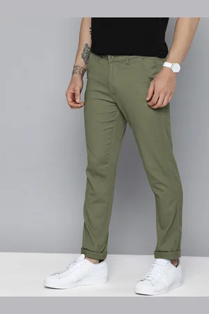 Mast & Harbour Men Olive Green Solid Mid-Rise Regular Trousers