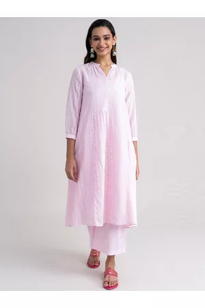 Pink Fort Women Pink Panelled Pure Cotton Kurti with Trousers & With Dupatta