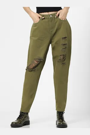 ONLY Women Olive Green Straight Fit High-Rise Highly Distressed Cotton Jeans