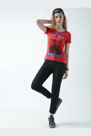 Huetrap Women Red Printed Round Neck T-shirt