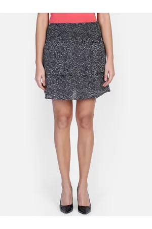 Aditi Wasan Black & White Floral Printed Ruffled Mini Skirt