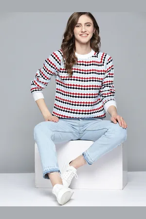 Mast & Harbour Women Blue & White Self Design Pullover