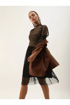 Antheaa Women Black & Brown Animal Printed Fit and Flare Dress with Smocked Detail