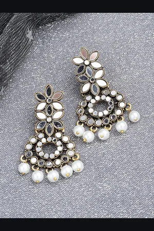 PANASH Women Silver-Toned & White Floral Chandbalis Earrings