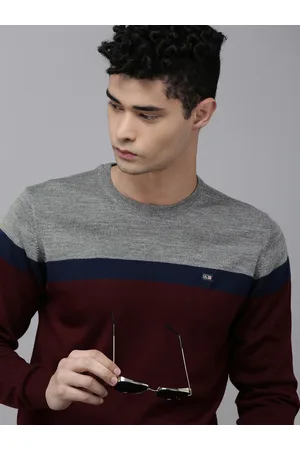 Arrow Men Burgundy & Grey Melange Colourblocked Pullover