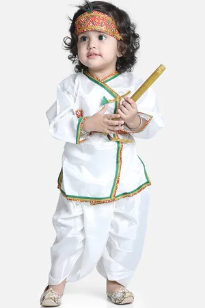 BownBee Boys White Solid Pure Cotton Angrakha Kurta With Dhoti Pants & Mukut