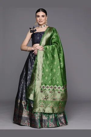 Mitera Women Navy Blue & Gold-Toned Semi-Stitched Lehenga Unstitched Blouse & Dupatta