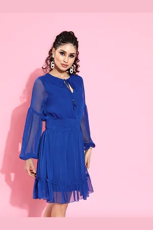 Sera Women Blue Tie-Up Neck Chiffon Dress