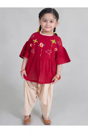 Tiber Taber Girls Maroon Floral Embroidered Panelled Pure Cotton Kurti with Dhoti Pants