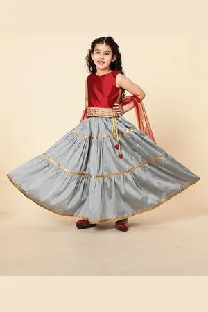 A.T.U.N. A T U N Girls Maroon & Grey Ready to Wear Lehenga & Blouse With Dupatta