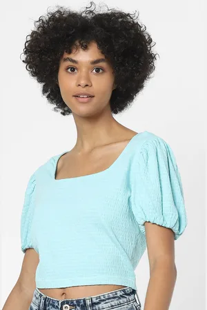 ONLY Women Turquoise Blue Solid Puff Sleeves Crop Top