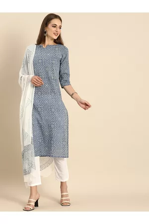 Rajnandini Women Grey Bandhani Printed Beads and Stones Pure Cotton Kurta with Trousers & With Dupatta