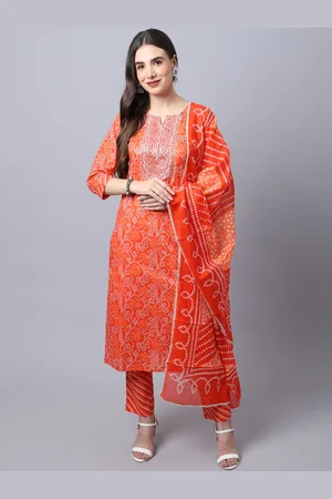 Rajnandini Women Orange Ethnic Motifs Printed Panelled Pure Cotton Kurta with Trousers & With Dupatta
