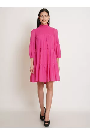 IX IMPRESSION Women Pink A-Line High Neck Smocked & Tiered Dress