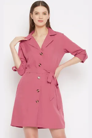 Color Cocktail Women Pink Solid Cuffed Sleeves Shirt Dress