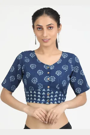 Llajja Women Blue Printed Pure Cotton Saree Blouse
