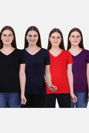 Fleximaa Women Set Of 4 Navy Blue & Purple V-Neck T-shirt
