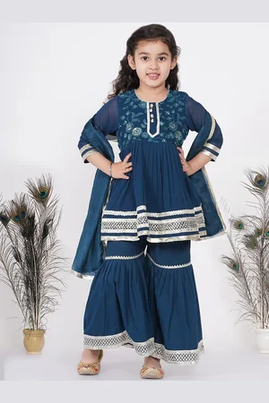 Little Bansi Girls Multicoloured Floral Pleated Pure Cotton Kurta with Sharara & With Dupatta