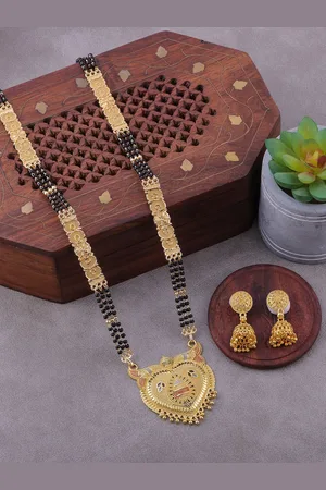 Brandsoon Gold-Plated & Black Beaded Mangalsutra With Earrings