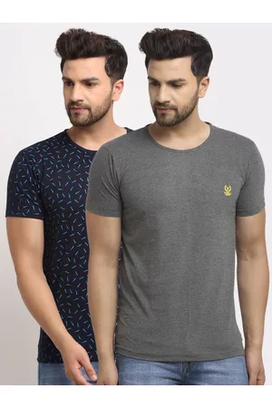 VIMAL JONNEY Men Solid Grey & Printed Navy Blue T-shirt Pack of 2