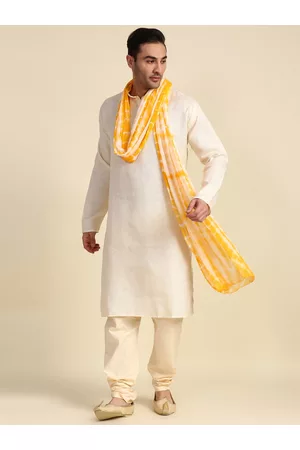 Bazaar Men Dupattas - Men Yellow & Off White Dyed Shibori Dupatta
