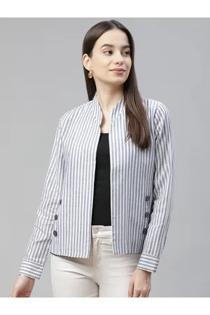 Cottinfab Women White & Blue Striped Lightweight Cotton Open Front Jacket