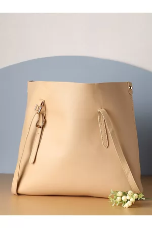 Campus Sutra Beige PU Oversized Structured Tote Bag with Quilted